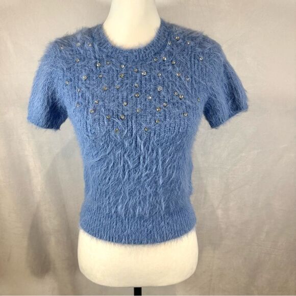 Emerson Lang young contemporary fuzzy faux fur winter blue sweater medium NWOT - Picture 3 of 7